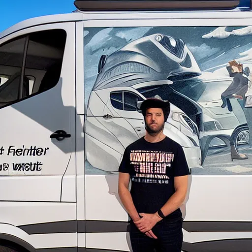 Prompt: a frowning creative director in front of a sprinter van, illustration by jordan grimmer and greg rutkowski