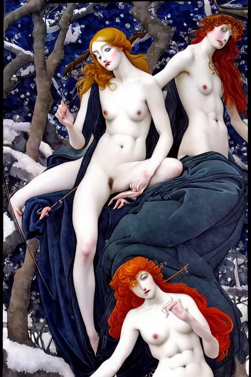 Image similar to 3 Winter Deities, (one representing each month of December, January, and February), in a mixed style of Æon Flux, Peter Chung, Botticelli, and John Singer Sargent, inspired by pre-raphaelite paintings, shoujo manga, and cool Japanese street fashion, sparse Winter landscape, dark and moody colors, hyper detailed, super fine inking lines, dramatic color, 4K extremely photorealistic, Arnold render