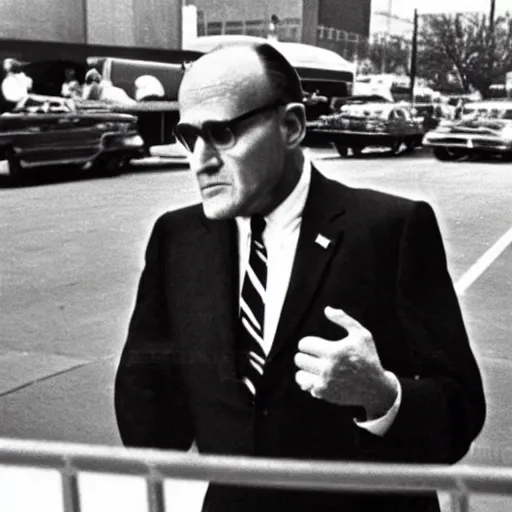 Prompt: wide shot film color photograph of rudy giuliani acting suspiciously while present during the Zapruder film November 22, 1963, Dallas, TX
