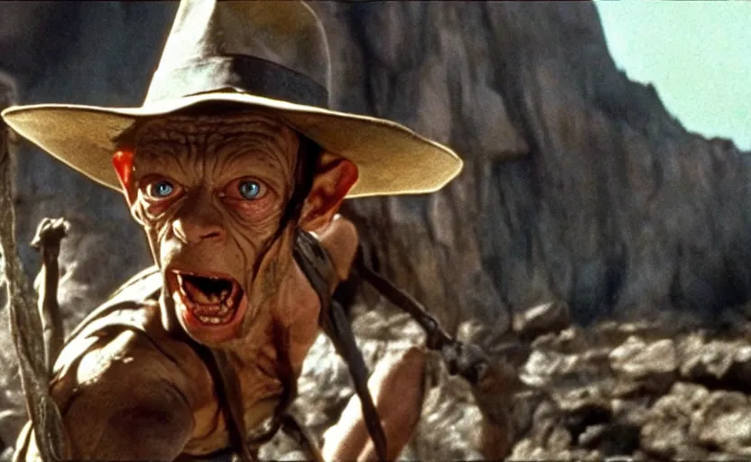 Image similar to a still of gollum as indiana jones in in indiana jones and the last crusade ( 1 9 8 9 ),