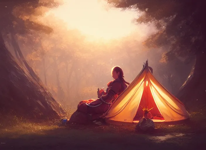 Image similar to full portrait of asian mage traveller resting at her tent. intricate, elegant, highly detailed, digital painting, artstation, concept art, smooth, sharp focus, illustration, by greg rutkowski, 8 k