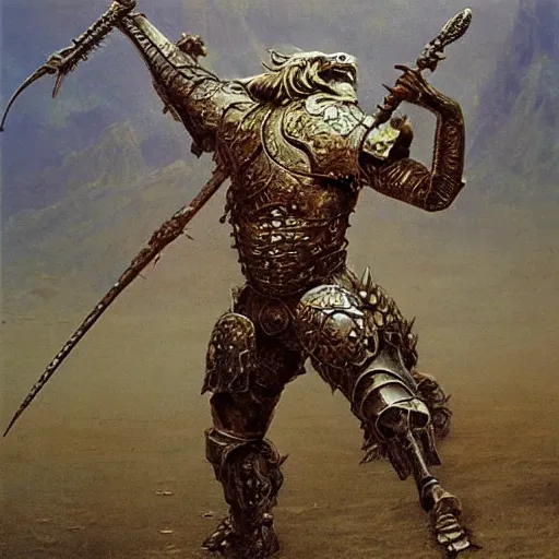 Image similar to were lion warrior concept art, lion headed, armored arms, armored legs, wearing ancient armor, beksinski