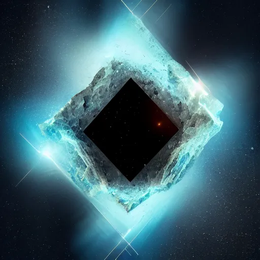 Image similar to crystal quartz fragments and diamond shards, dark side of the moon cover, centered in the middle of galactic space, radiating around prismatic colours of black hole singularity, hyper realistic focus, sharp details, cinema 4d octane, nasa images, volumetric lighting, cinematic lighting, houdini simulation, space nebula, 8k