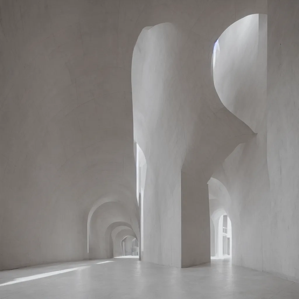 Image similar to photograph of a symmetrical arch hallway, shiny floor, concrete, pastel hues, minimalist, architecture magazine, dezeen, 50mm, pentax, film