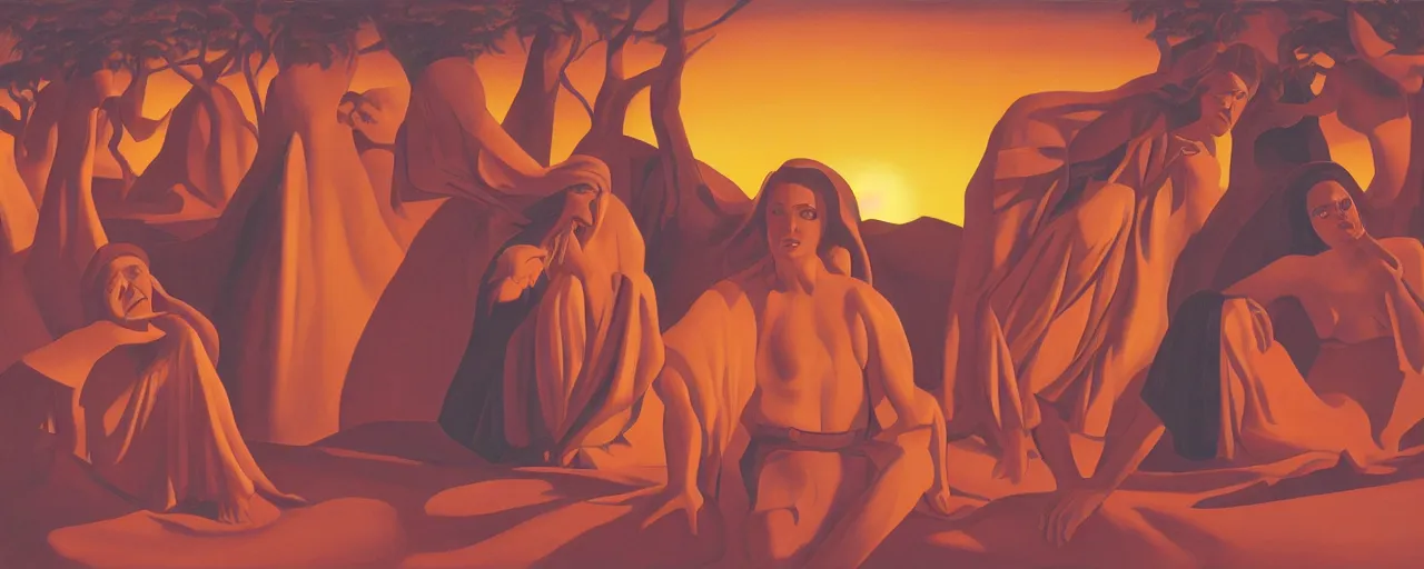 Image similar to Paradise, Soul-eating angels satisfy their hunger, sunset lighting, in the style of George Tooker