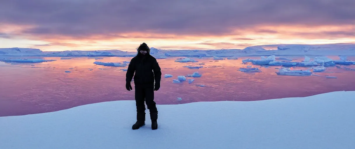 Image similar to a high quality color extreme closeup depth of field creepy hd 4 k film 3 5 mm photograph of the faint barely visible silhouette of a bulky man standing on the edge of a vista overlooking mcmurdoch station in antarctica at the beginning of sunset