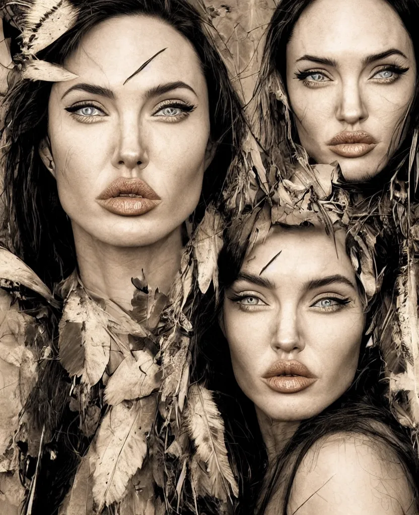 Image similar to photo, warrior, native beauty, nose of Angelina Jolie, lips of Megan Fox, big symmetrical eyes of Bjork, award winning photography by Leonardo Espina