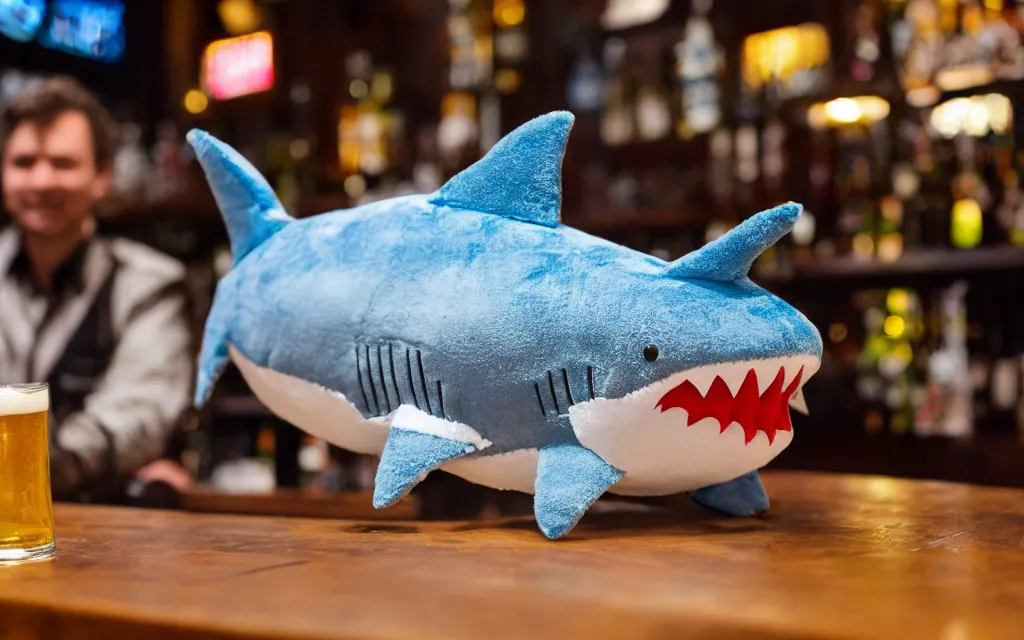 Prompt: Shark plush ordering a beer at a bar, stuffed toy, fish, dim lighting, 50mm, depth of field