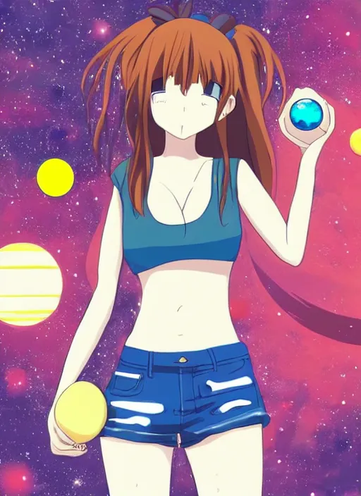 Image similar to an anime in outer space holding a small blue earth in her hand, wearing jean shorts and tank top, no other planets, digital art, anime