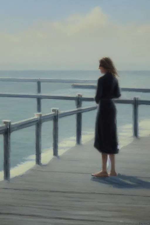 Image similar to painting of a woman standing at the end of a pier, the pier is white and has white railing, she is visible from behind and from distance, the sea surrounding the pier is calm, soft evening light, volumetric lighting, style of greg rutkowski