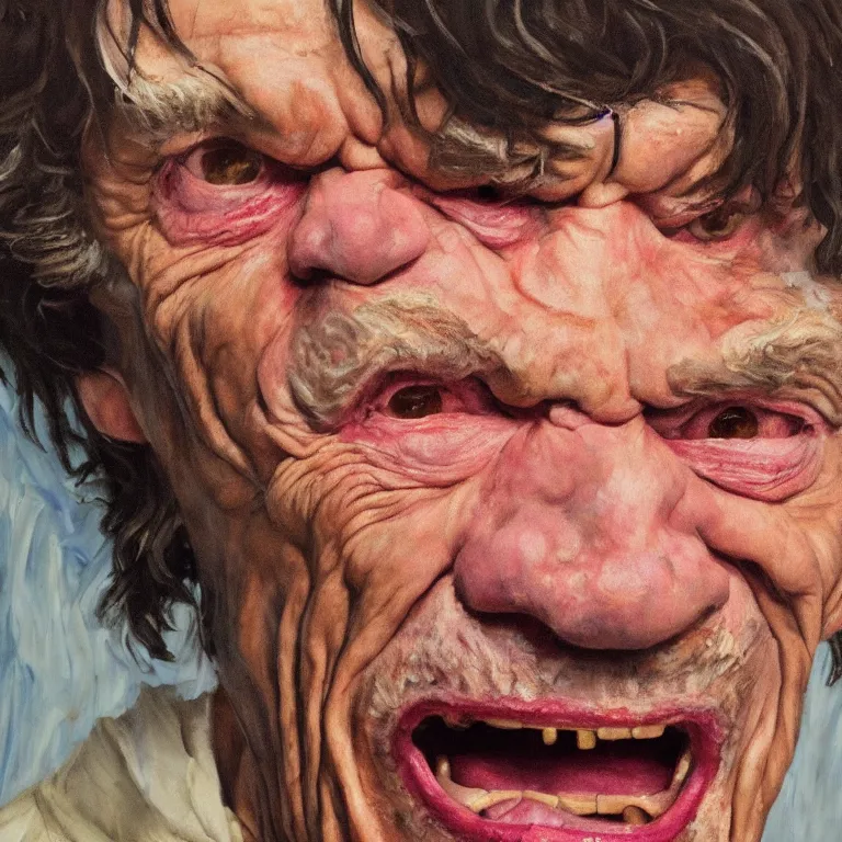 Prompt: warmly lit close up studio portrait of very old furiously angry!! Mick Jagger age 115 angrily singing, impasto oil painting thick brushstrokes by Cy Twombly and Lucian Freud and Tim Hawkinson , trending on artstation dramatic lighting Expressionism