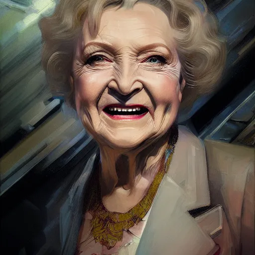 Prompt: betty white, hyperrealistic portrait, bladerunner street, art of elysium by jeremy mann and alphonse mucha, fantasy art, photo realistic, dynamic lighting, artstation, poster, volumetric lighting, very detailed face, 4 k, award winning