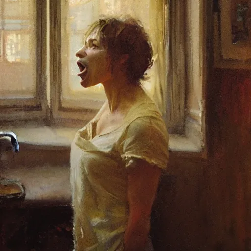 Prompt: portrait of a screaming person, in soft window light, golden hour, by jeremy mann, anders zorn.