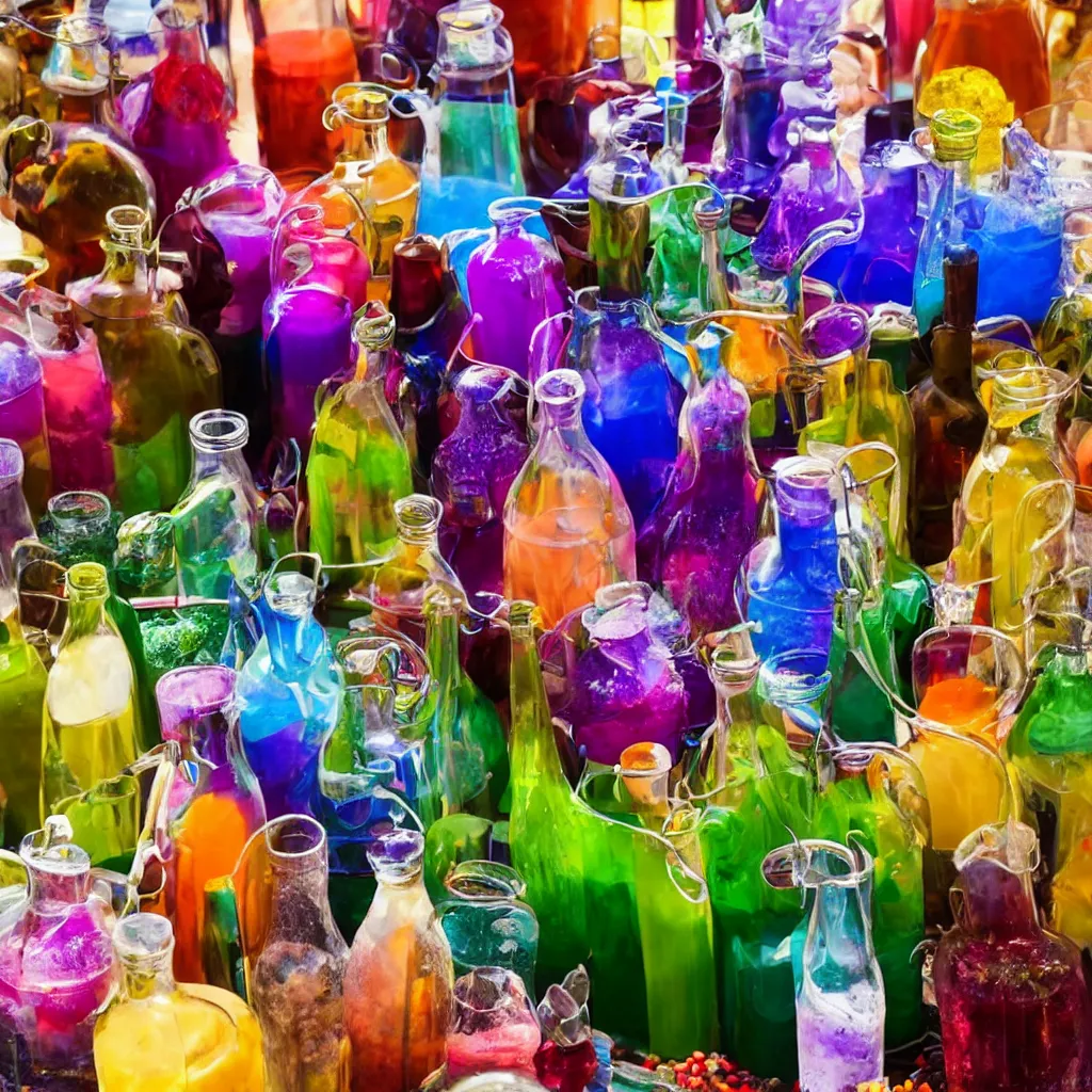 Image similar to colorful potions at the harvest festival, hyper realistic, 8 k