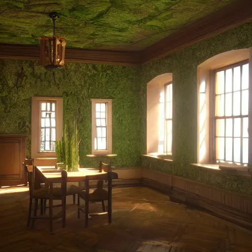 Image similar to inside a victorian dining room roof is damaged and moss is growing on the erroded walls sunlight shines through the windows and produces rays of light in the dust ray traced unreal 5, ultra details