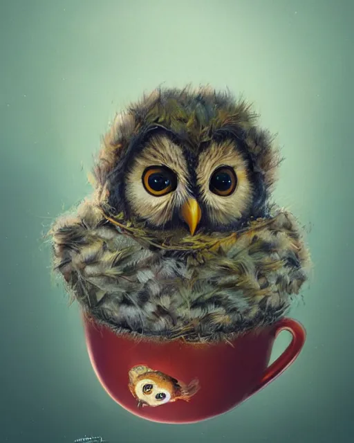 Image similar to long shot of a very cute owl chick nesting in a mug, esao andrews, humorous illustration, hyperrealistic, big depth of field, warm colors, night scenery, low light, 3 d octane render, 4 k, concept art, hyperdetailed, hyperrealistic, trending on artstation