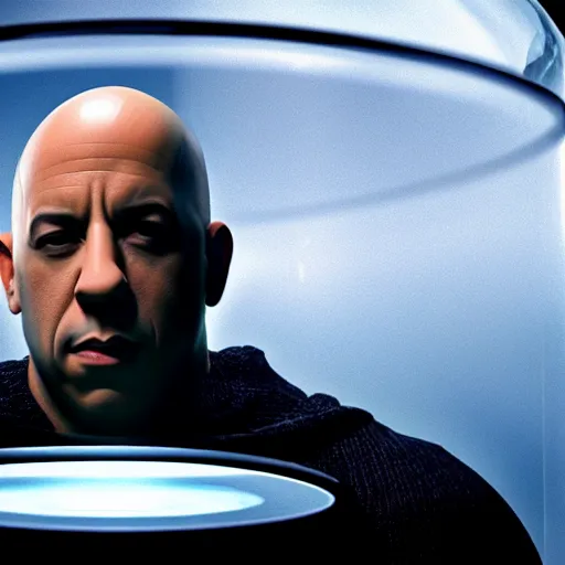 Prompt: vin diesel's disembodied detached head suspended floating inside a glass cylinder full of liquid, on top of a desktop computer with a keyboard, zordon from power rangers, hyper - realistic, detailed, photorealistic, photographic, octane render, head in a jar, sci - fi
