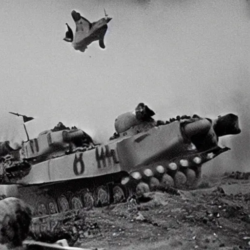 Image similar to black and white photo Dragons in Battle of Kursk WWII, dragons flying, tanks