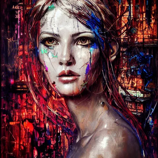 Prompt: sexy beautiful woman head made of mech mask rendered in unreal engine, cyberpunk, rave, scifi, painted by david burliuk | bernard buffet | carne griffiths | wlop