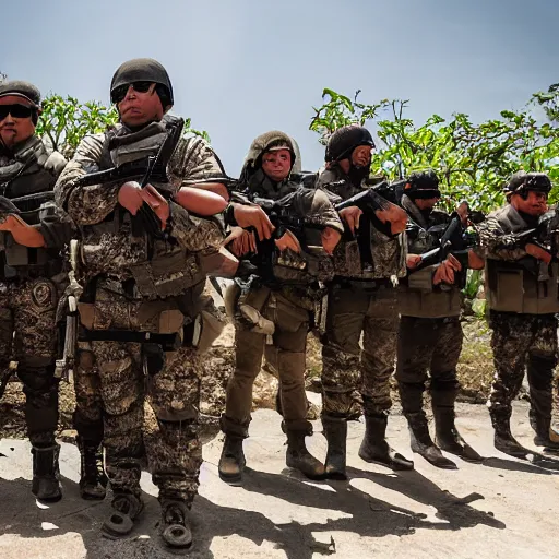 Image similar to heavily armed battalion of thirty drug cartel members, shoulder - to - shoulder, with fully decked - out equipment, long shot photography, harsh overhead sunlight, midday, summer, high - key lighting