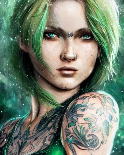 Prompt: a close - up of tattooed blonde russian female warrior wearing a magical emerald leotard in a magical forest, hyper realistic face, green eyes, fantasy art, in the style of greg rutkowski, illustration, epic, fantasy, intricate, hyper detailed, artstation, concept art, smooth, sharp focus, vibrant