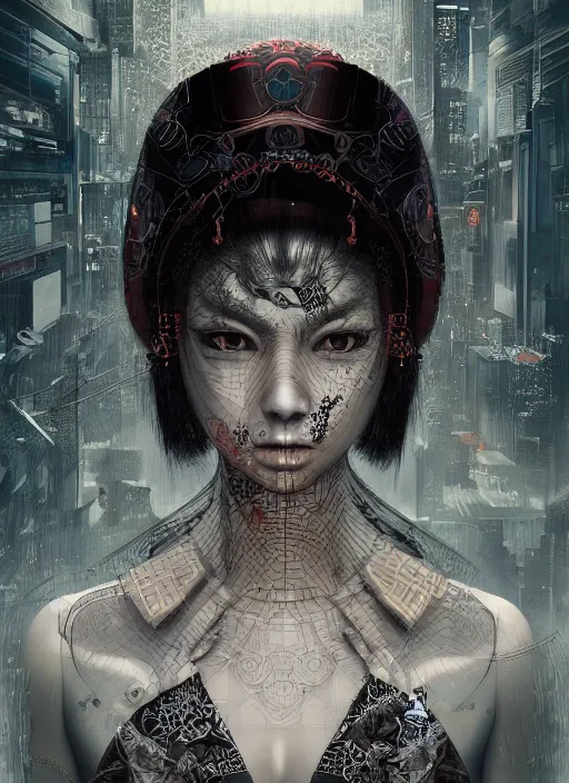 Image similar to portrait of a seductive cyberpunk geisha, yakuza, modern fine art, fractal, in the style of ghosts in the machine, intricate ornaments, elegant, highly detailed, digital photography, subsurface scattering, by mc escher and greg rutkowski,