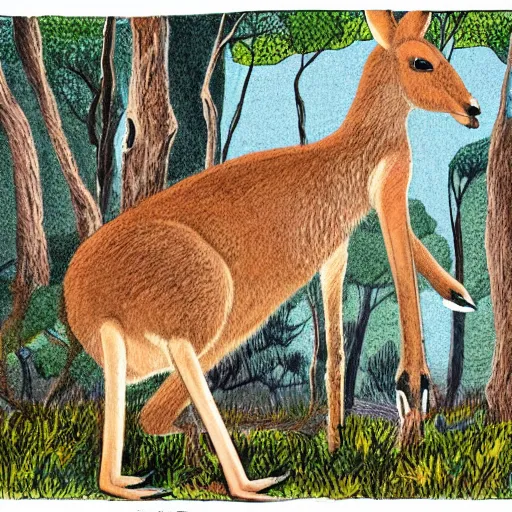 Prompt: detailed illustration, a young kangaroo in the boranup forest in the style of may gibbs,