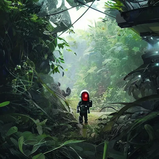 Prompt: view of a future cosmonaut with helmet having cybernetics and wirings exploring a jungle, tense situation, feeling of horror, trending on artstation, art by rossdraws and greg rutkowski, global illumination