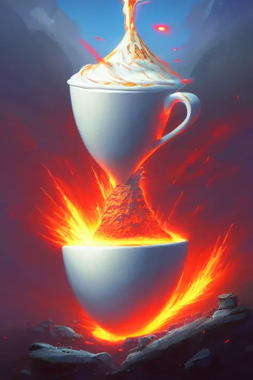 Prompt: coffee cup with volcano erupting inside the whipped cream on top of the cup, stephen bliss, unreal engine, fantasy art by greg rutkowski, rhads, ferdinand knab, makoto shinkai and lois van baarle, ilya kuvshinov, rossdraws, tom bagshaw, global illumination, radiant light, red blue theme, pine forest