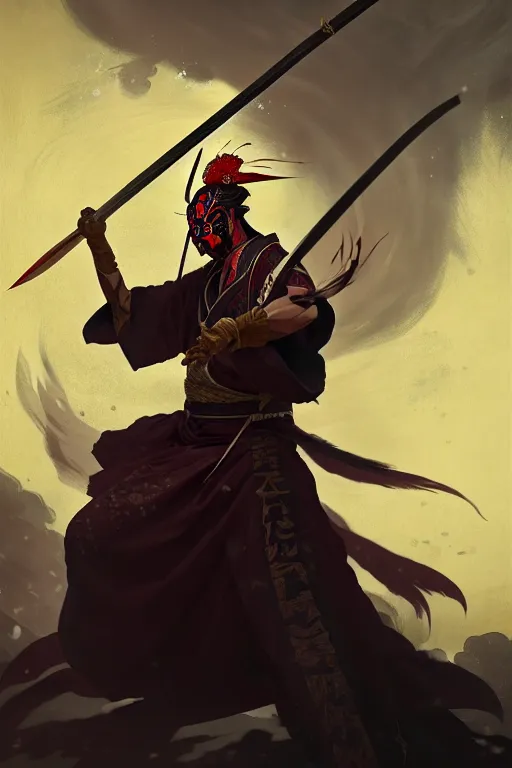 Prompt: portrait of a mad kabuki warrior wielding a spear, visible aura of madness distorting the surroundings, occult details, greg rutkowski style, high quality, 8 k,