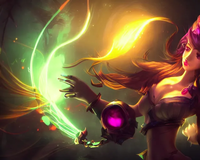 Image similar to league of legends Splashart of a very mysterious girl puppeteer that controls the fate with glowing strings, dramatic lighting