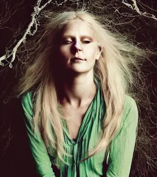 Image similar to hd portrait of a 3 2 - year old woman with an ethereal, whimsical, fey aesthetic. dirty blonde hair. green clothes. silver jewelry. a modern - day witch and enchantress of the acanthus path. portrait photography by annie leibovitz.