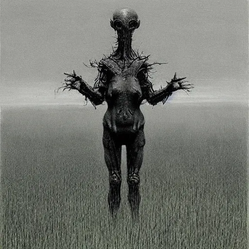 Image similar to A scary animal like creature standing in a lush green field, drawing by Beksinski