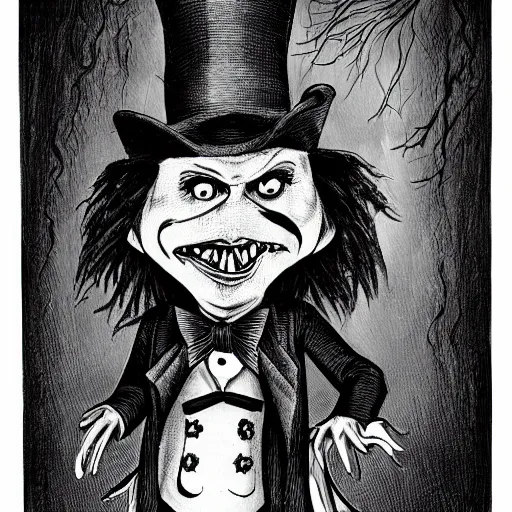 Image similar to a Pop Wonder scary horror themed goofy-hilarious-character Mad-Hatter-babadook-wearing a scarf, 3-piece-suit, dime-store-comic drawn with charcoal and pen and ink, half-tone-line-stacking