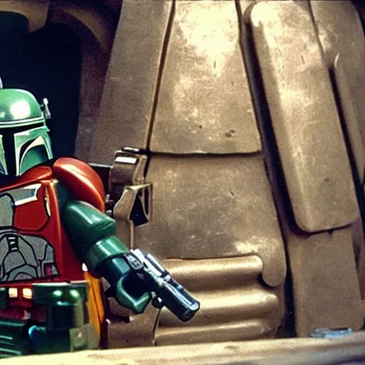 Image similar to boba fett in a scifi western saloon, movie still from star wars the empire strikes back, lego