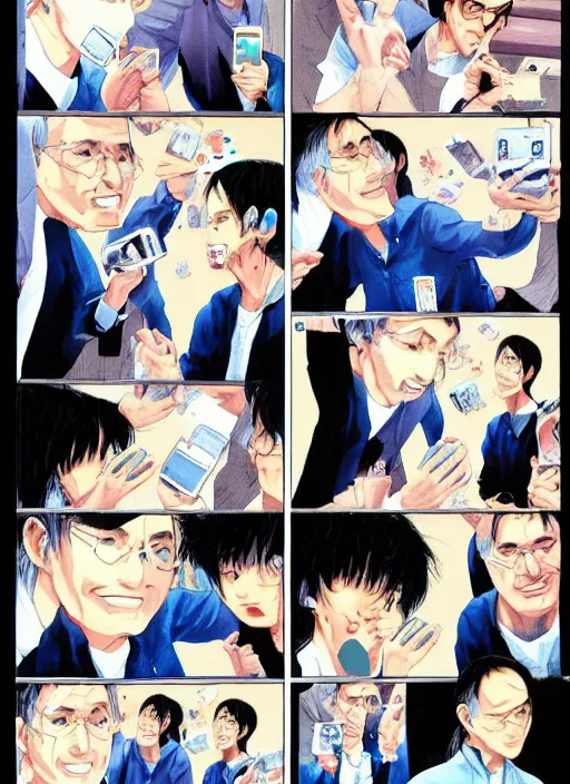 Image similar to steve jobs revealing the iphone at wwdc, manga comic, color, by katsuhiro otomo and hiroya oku and makoto yukimura