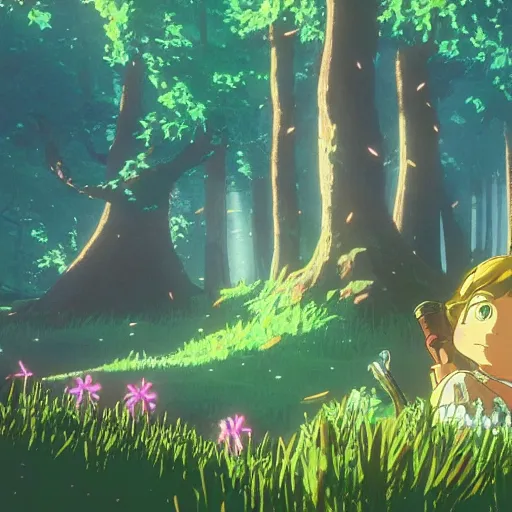 Prompt: of forest fairy kingdom, beautiful landscape, wide angle, by miyazaki, nausicaa ghibli, breath of the wild.