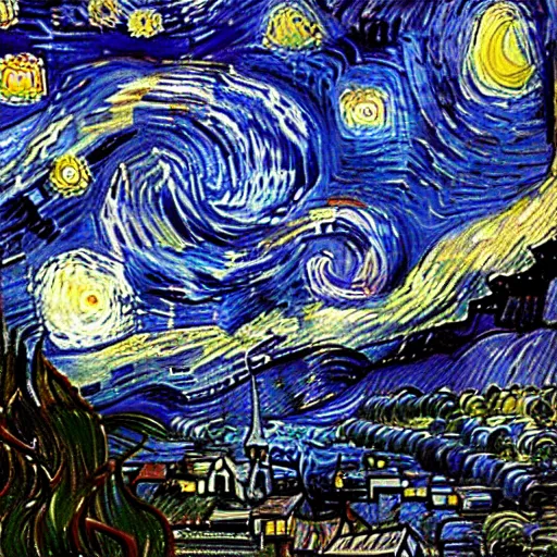 Image similar to A starry night sky, with a city in the distance, sharp focus, no blur, 50mm lens, 4k, by Vincent Parker and Vincent van Gogh
