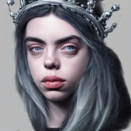 Prompt: portrait of Billie Eilish wearing a crown, dramatic lighting, detailed, very realistic, trending on Artstation, Cgsociety