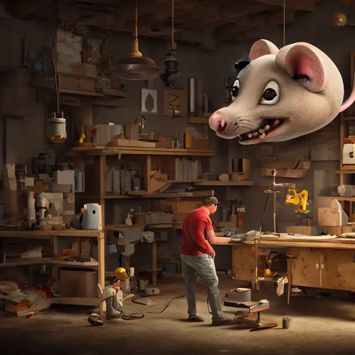 Image similar to crew of workers building giant mouse - prop - head in quaint workshop, octane render, 4 k ultra hd, hyper - detailed, realistic, seedy lighting, sharp focus, in style of beeple