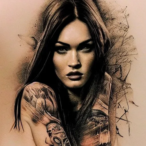 Prompt: double exposure effect of megan fox and beautiful mountain scenery, realistic tattoo sketch, in the style of brandon kidwell