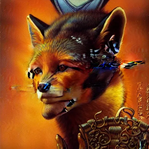 Image similar to portrait of a female fox in suit. shadowrun furaffiniy cyberpunk fantasy highly detailed painting by gaston bussiere craig mullins jc leyendecker gustav klimt artgerm greg rutkowski john berkey, bergey, craig mullins, ruan jia, raymond swanland, jeremy mann, tom lovell, alex malveda