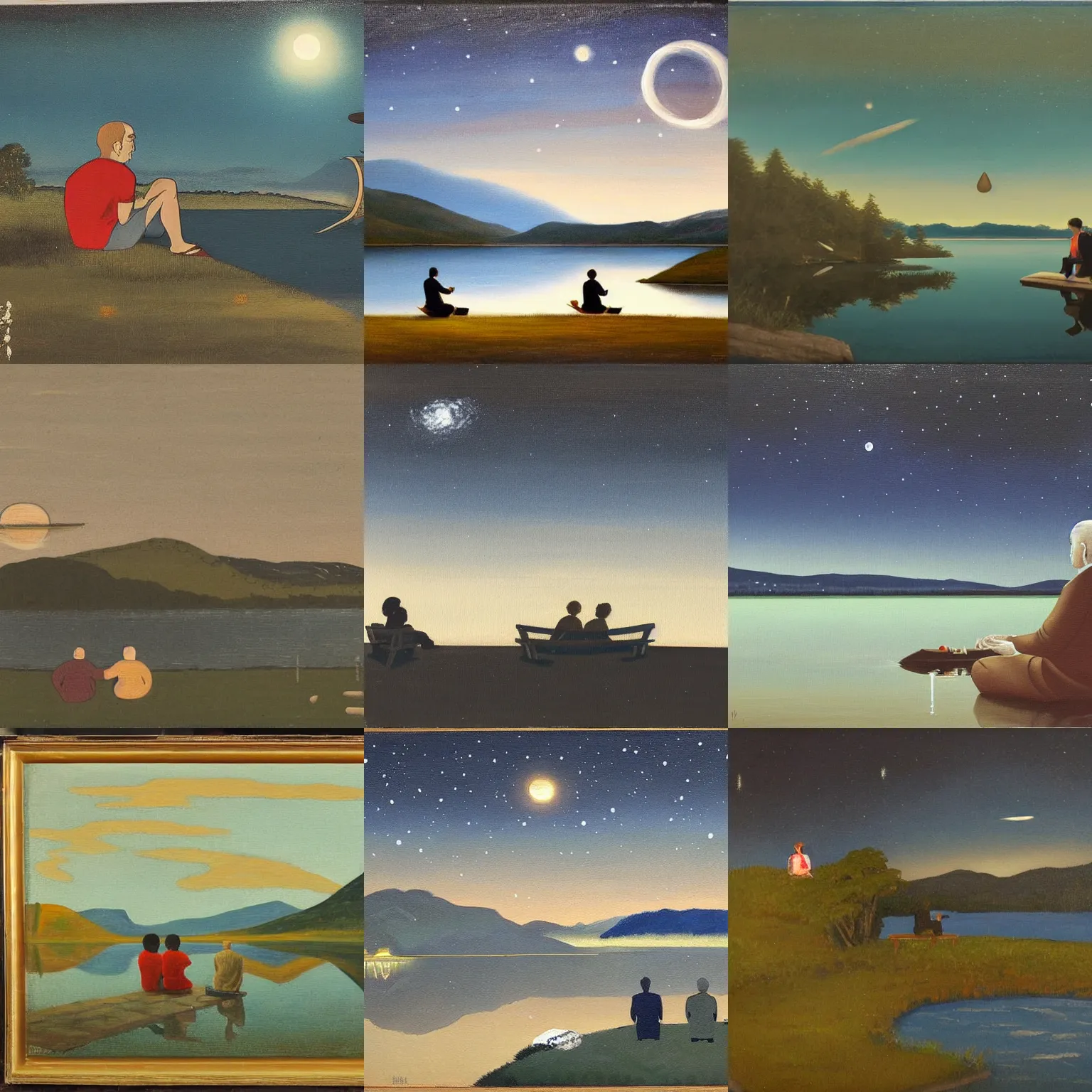 Prompt: A painting of two men sitting by a lake, night, UFO in the sky, Kobayashi Kiyochika