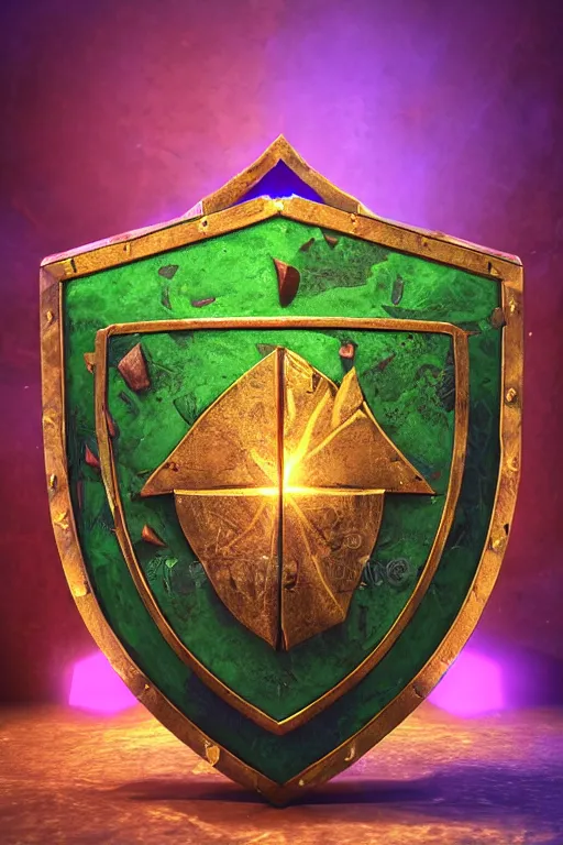 Image similar to green medieval shield, powerful fantasy epic legends, game icon stylized, digital illustration radiating, a glowing aura, global illumination, ray tracing, 8 k high definition, intricate details, octane render, unreal engine, trending on arstation