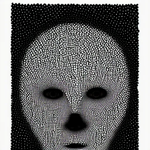 Prompt: pointilism, black and white, dot art, dark, ominous, hooded, faceless, anthropomorphic, asymmetrical, in style of old painting, gothic, evil,