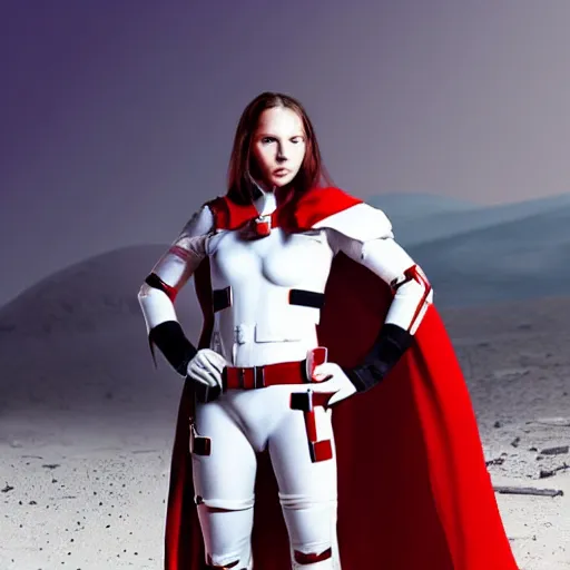 Image similar to a young female soldier, no makeup, wearing glossy sleek white bloodstained dinged scuffed armor and a long torn red cape, heroic posture, determined expression, elegant, no helmet, on the surface of mars, dramatic lighting, cinematic, sci-fi, hyperrealistic, detailed