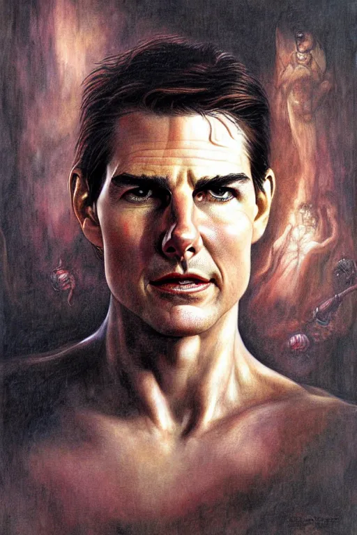 Prompt: portrait of tom cruise in the style of wayne barlowe, gustav moreau, goward, bussiere, roberto ferri, santiago caruso, luis ricardo falero, austin osman spare