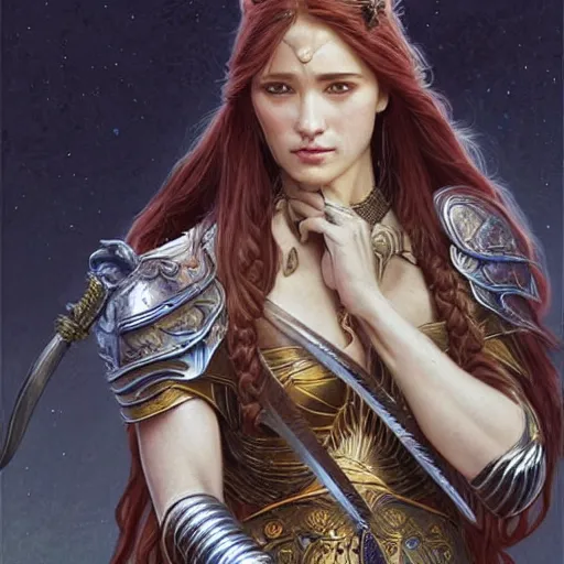 Prompt: Portrait of a gorgeous warrior woman, looking at camera, D&D, sword in hand, beautiful detailed armor, very long flowing hair, intricate, elegant, stylish, serious expression, extremely detailed, digital painting, artstation, concept art, smooth, sharp focus, illustration, stunning lighting, art by artgerm and greg rutkowski and alphonse mucha and simon stalenhag