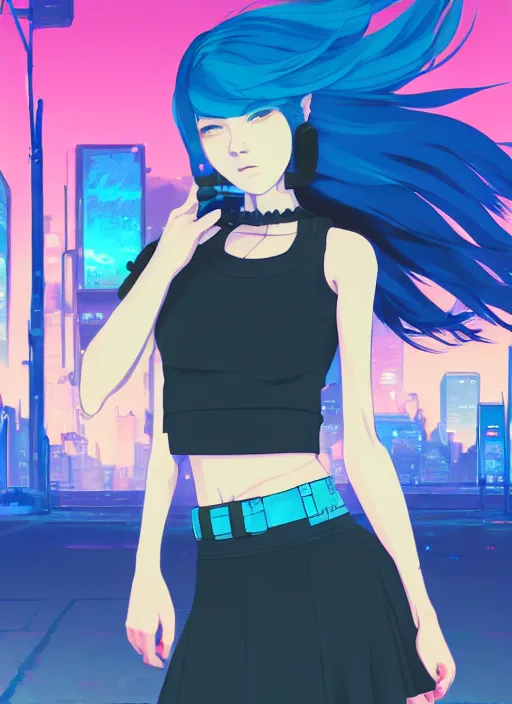 Image similar to digital illustration of cyberpunk pretty girl with blue hair, wearing a crop top and a skirt, full body pose, in city street at night, by makoto shinkai, ilya kuvshinov, lois van baarle, rossdraws, basquiat