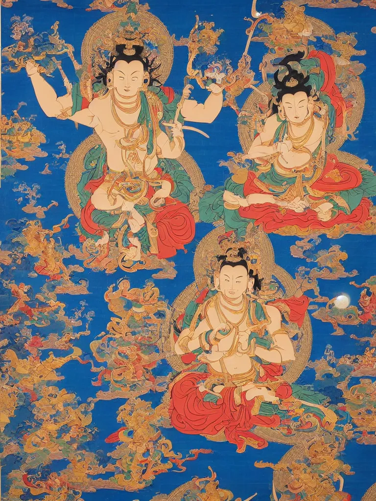 Image similar to a Beautifully exquisite WUKONG Thangka, with intricate details and bright colors. WUKONG is shown in the center, surrounded by demons that he is defeating. The background is a deep blue, with mountains and clouds. The thangka is framed in a gold border, from which rays of light are emanating by WU DAOZI, zhang xuan, qiu ying, Chris Saunders,